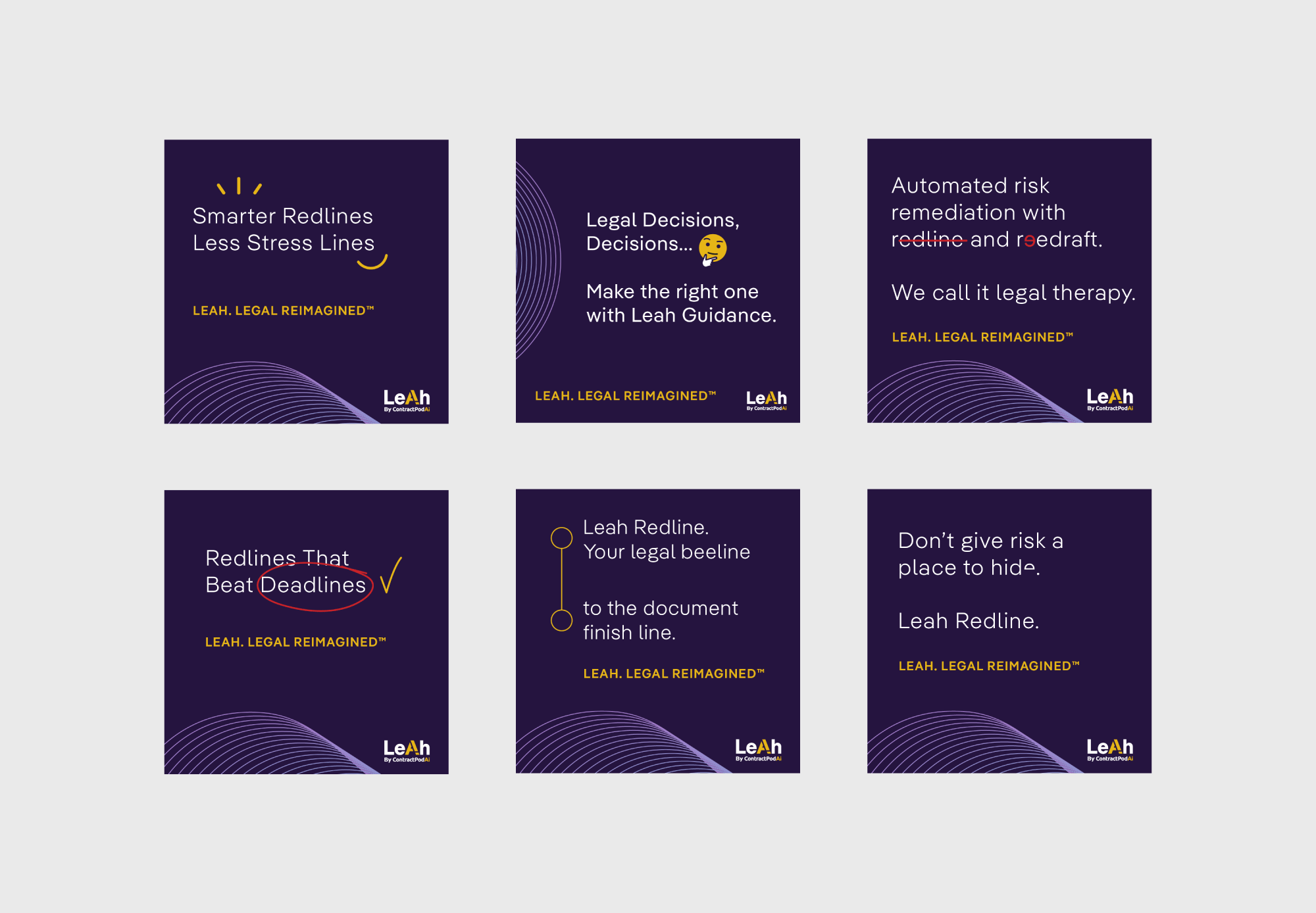 Social media campaign about legal reimagining, featuring text and graphics like a smiling face, a thinking emoji, and curved lines. It combines humor with pain points.