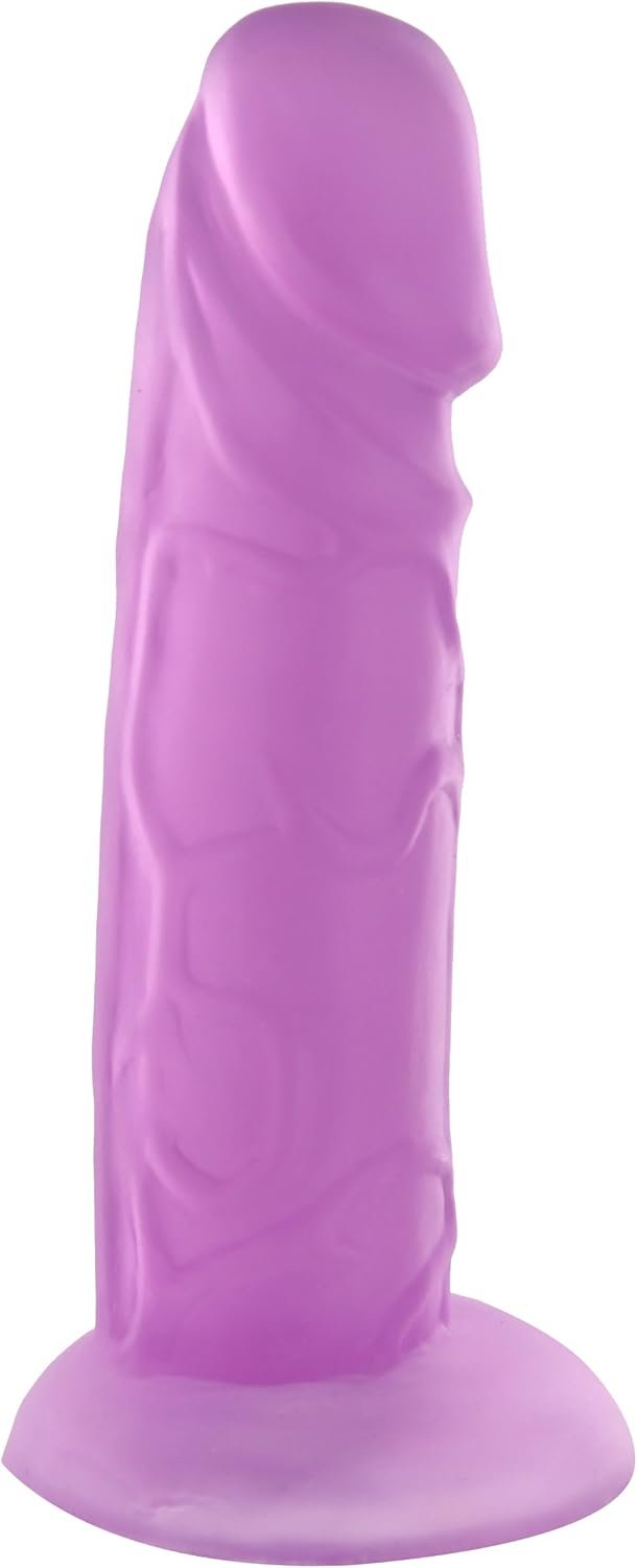 Purple silicone dildo with textured surface and a flat base.