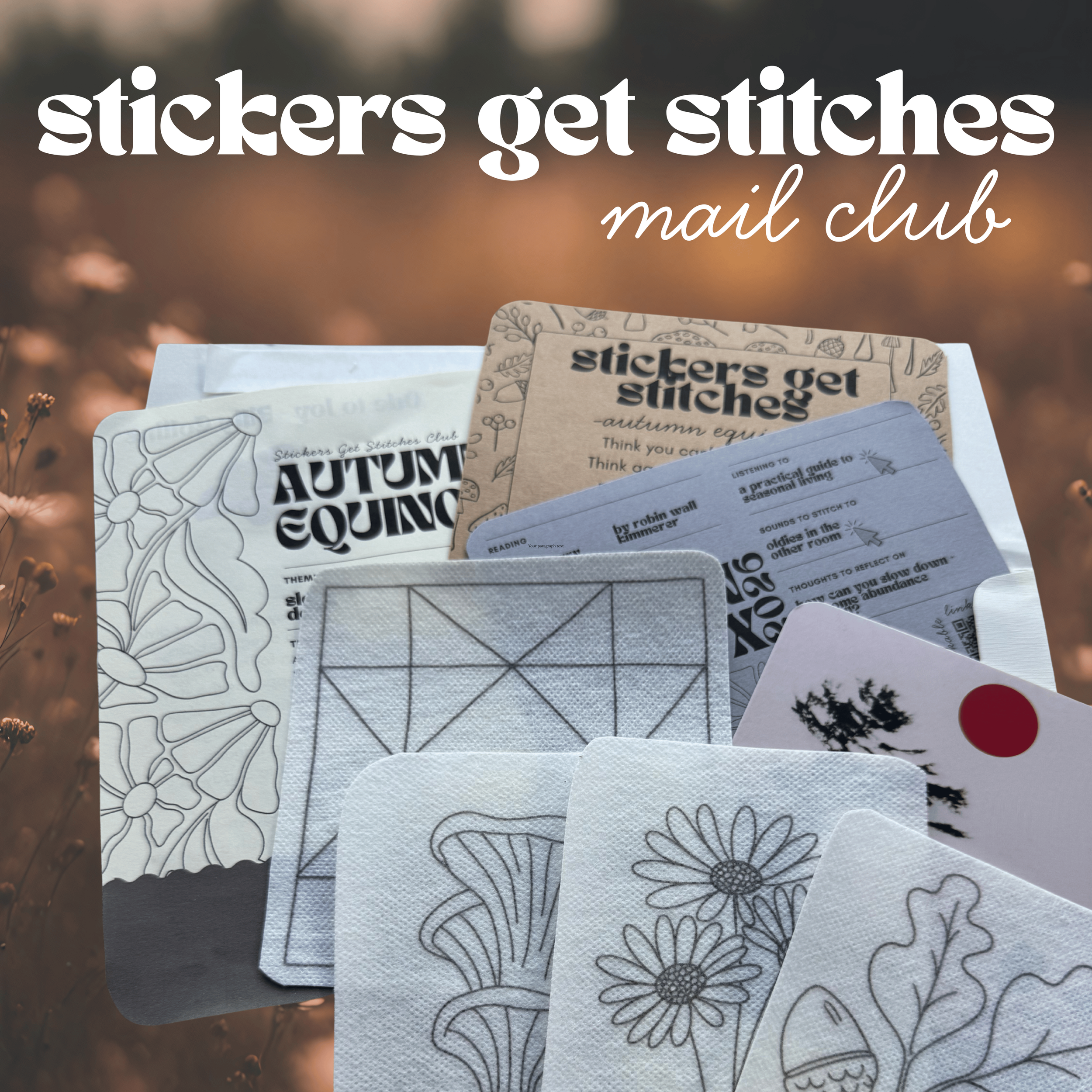 A collection of stickers with fall-themed designs, including flowers and geometric patterns, placed on a dark surface with a blurred outdoor background.