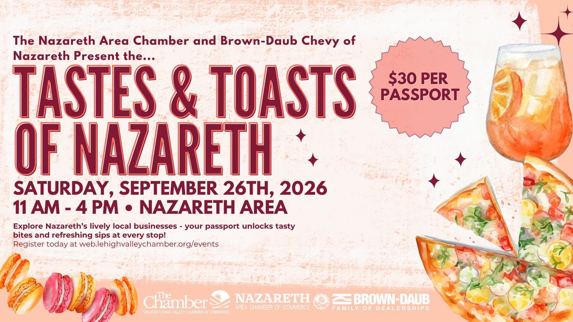 We&rsquo;re a month away from the 2nd Annual Tastes &amp; Toasts of Nazareth on Saturday, September 26!! 

This flavorful celebration of our vibrant small-town charm invites residents and visitors to stroll through town, sample delicious bites, refre