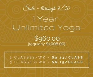 Promotional flyer for a yoga studio offering one year of unlimited yoga for $60, valid through September 30. Regular price is $1,008. Classes cost $9.24 each for 2 classes per week or $6.15 for 3 classes per week.