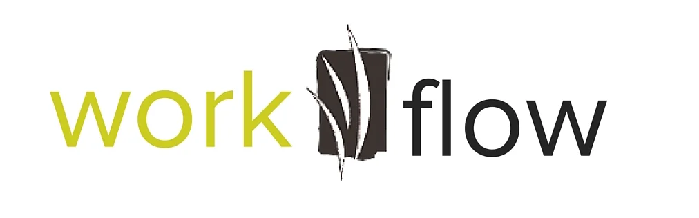 Logo with the words 'workflow' with a black bar in place of the 'o' and torn paper design.