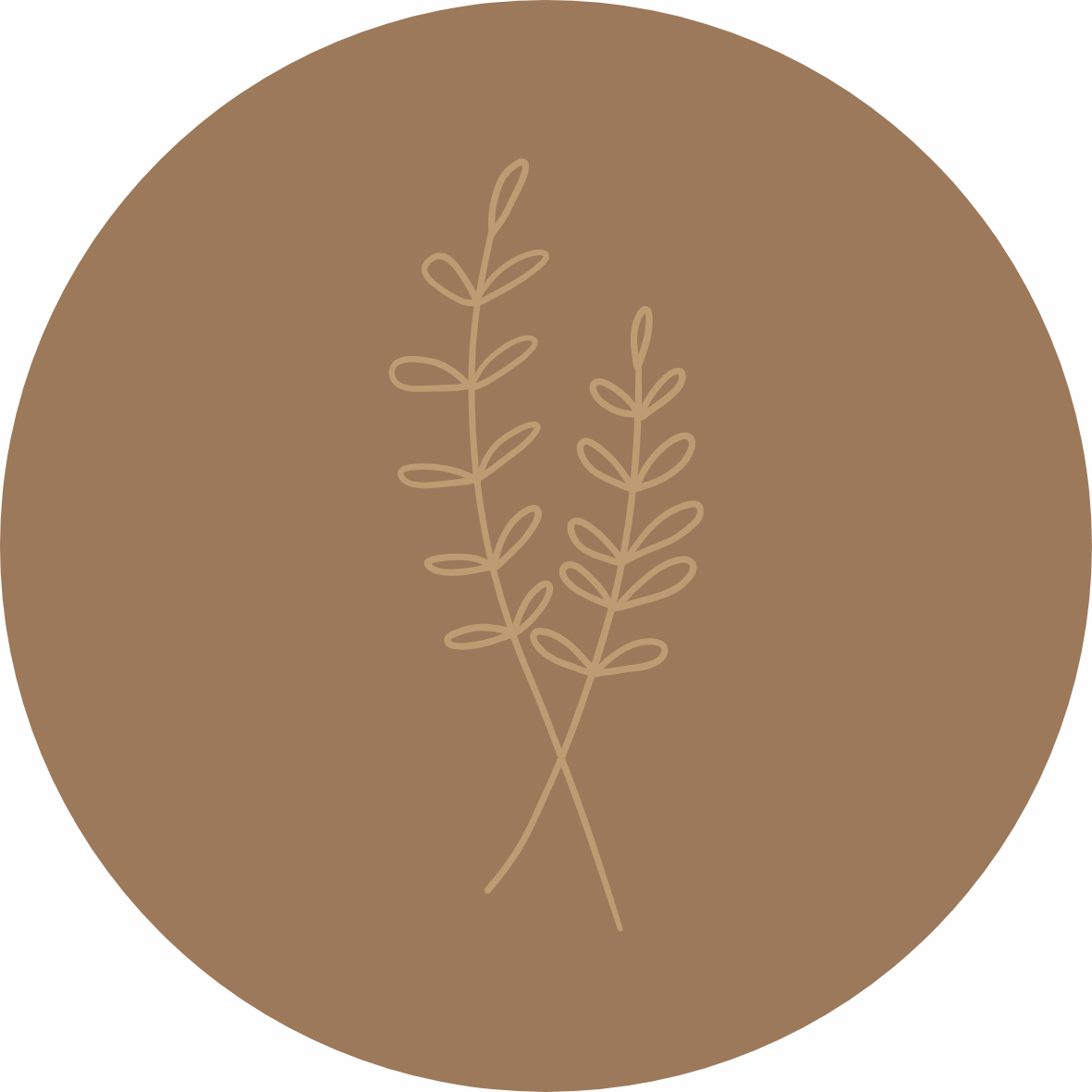 Minimalist illustration of two simple, beige sprigs with small leaves, set against a brown circular background.