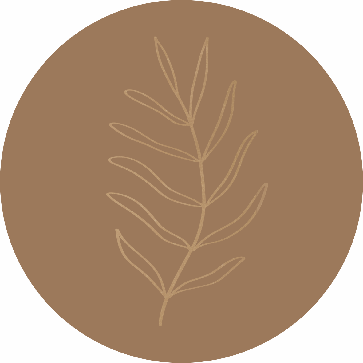A simple line drawing of a plant or leaf within a solid brown circular background.