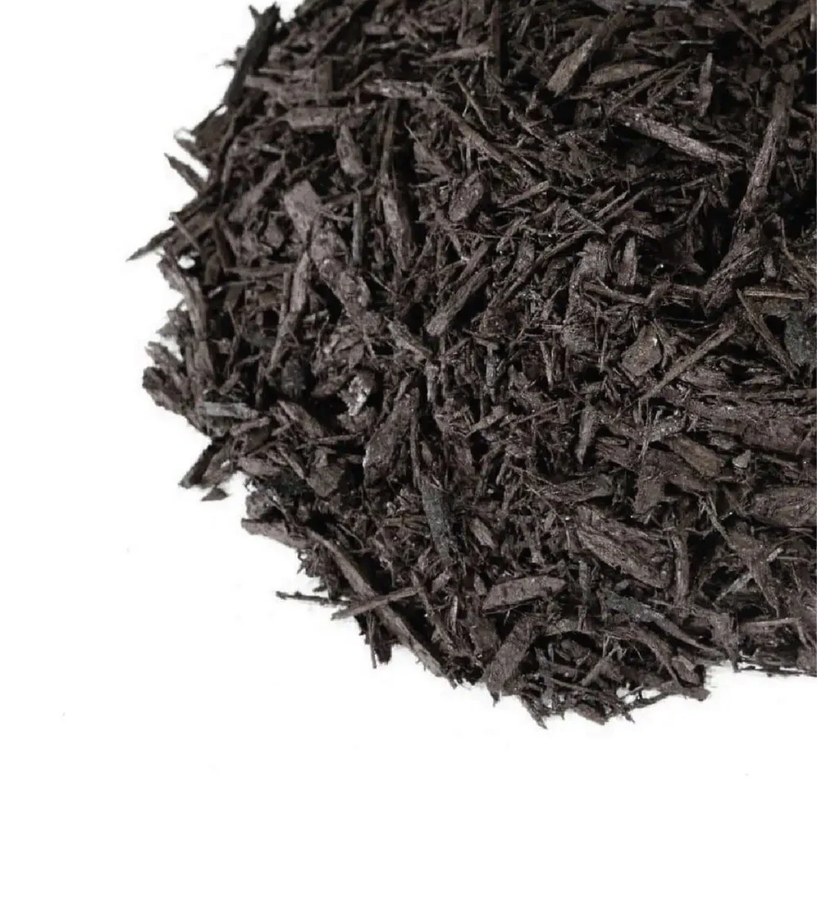 Close-up of a dense pile of black shredded mulch on a white background.