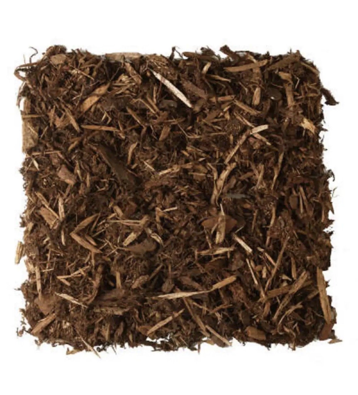 Close-up of a dense pile of shredded pine mulch on a white background.