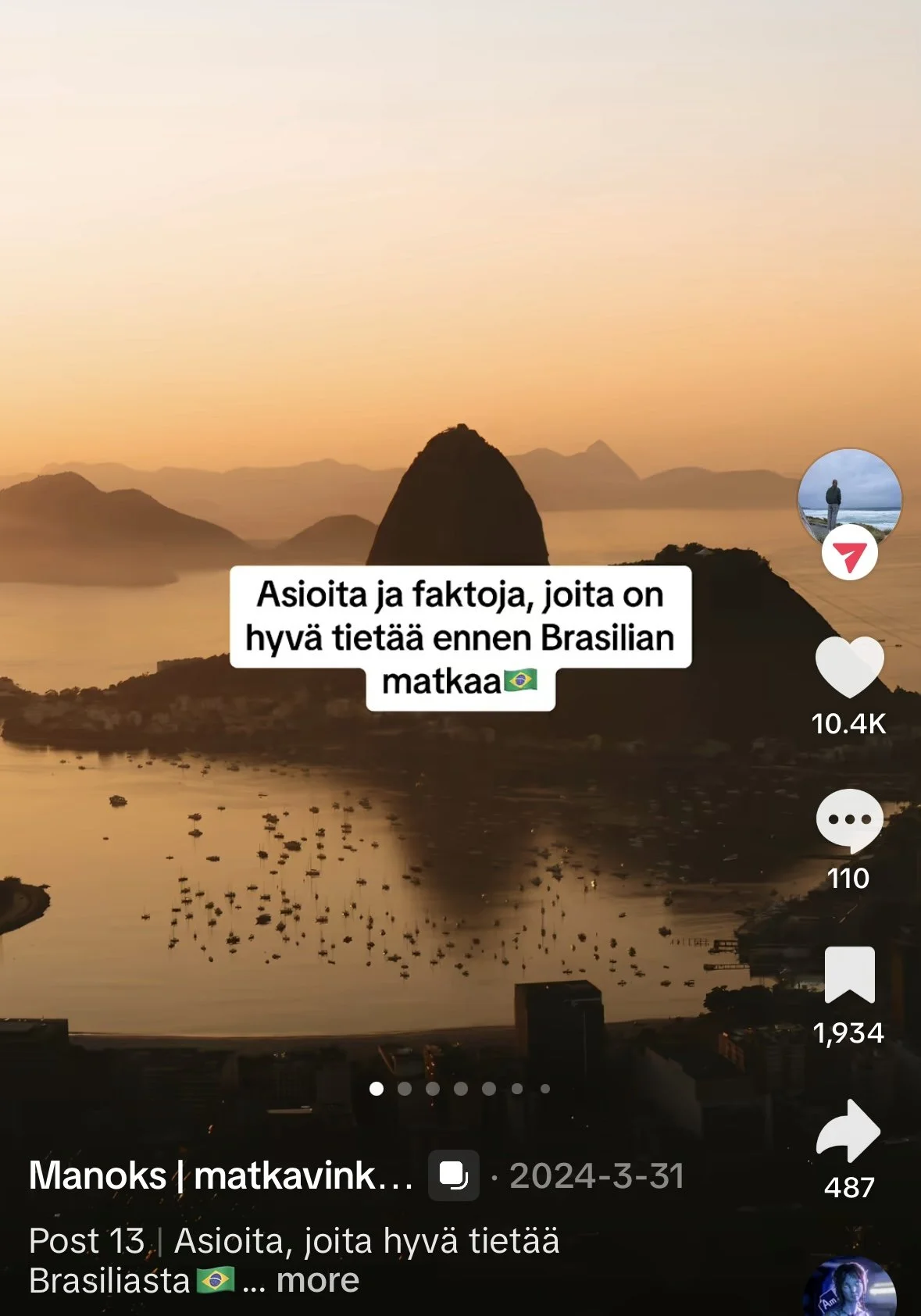 Auringonlaskun aikaan Rio de Janeiron maisema, jossa on vuoria ja vesialueita, sekä yksi eläin ihmisen vieressä alhaalla oikealla. Teksti kertoo asioista ja faktoista, joita on hyvä tietää ennen Brasilian matkaa.
