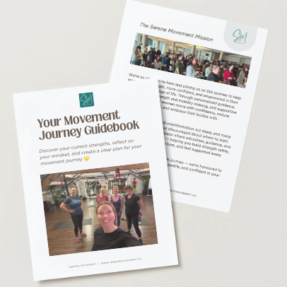 Cover page of 'Your Movement Journey Guidebook' with a group photo of smiling women in an indoor fitness setting, and an interior page with a group photo and text about The Serene Movement Mission.