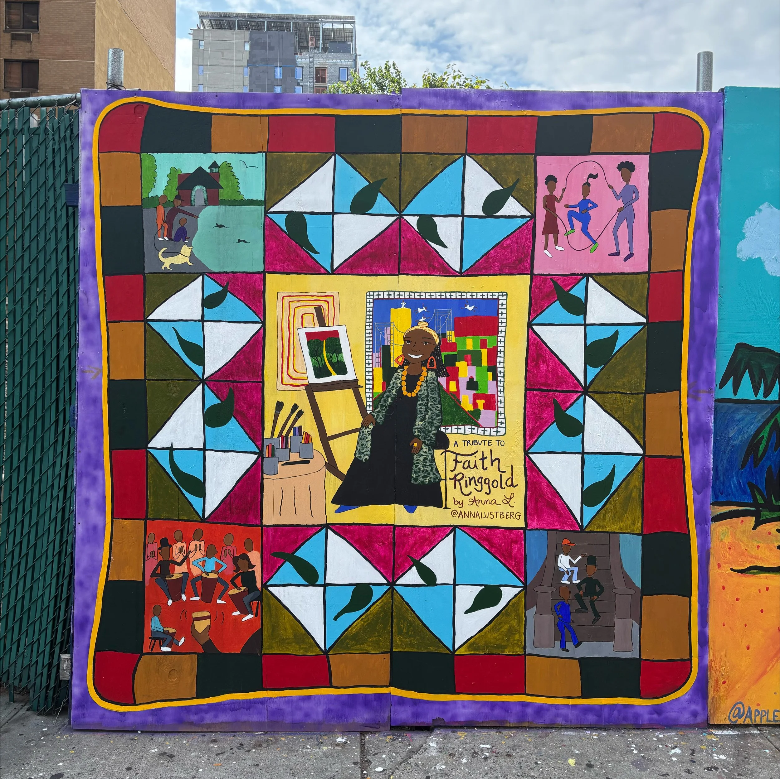 Completed mural titled "Harlem Tapestry: A Tribute to Faith Ringgold" by Anna Lustberg