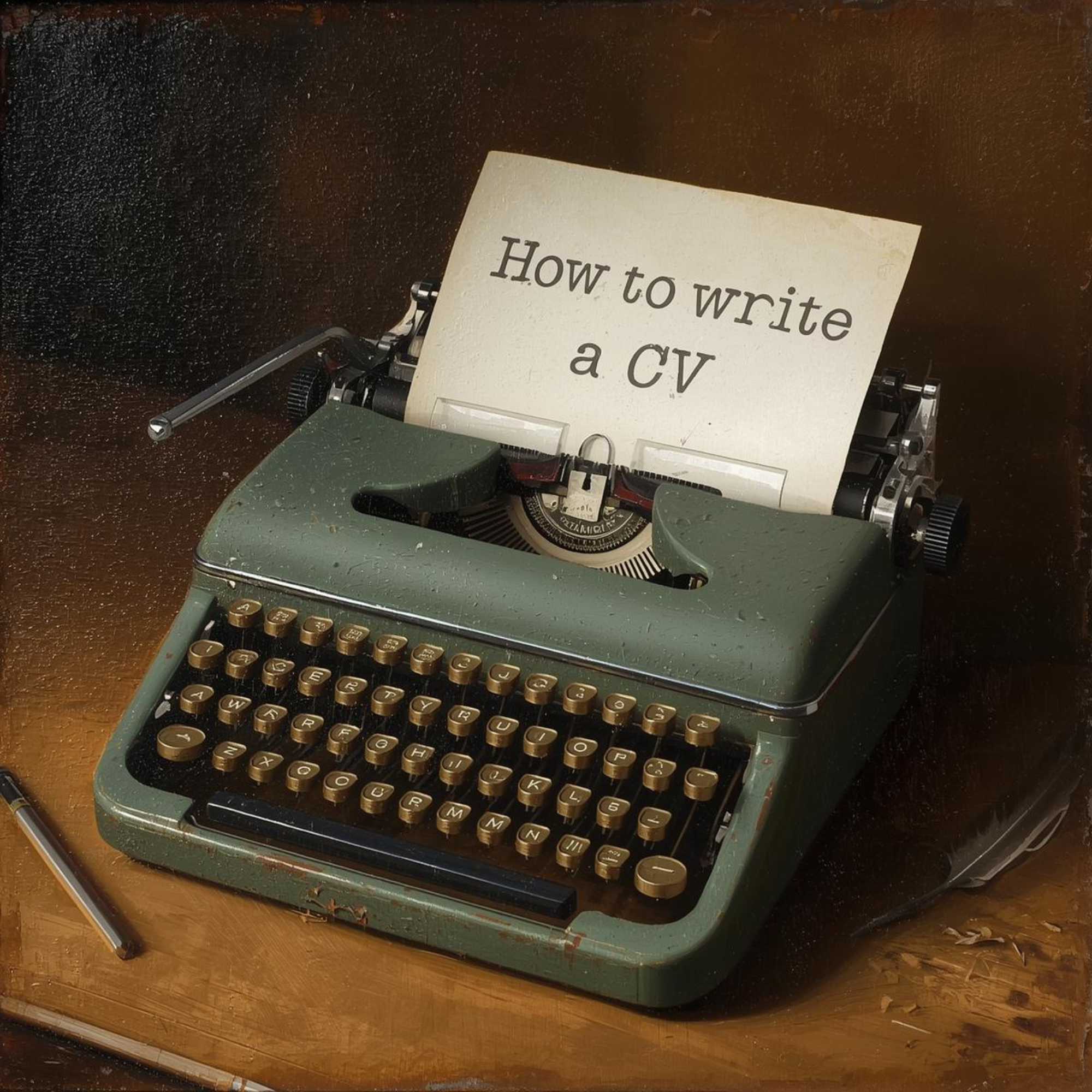 Image of a green typrewriter with a piece of paper reading how to write a CV
