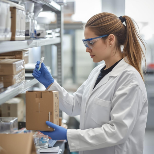 Scientist in lab coat examining a small box in a laboratory storing shelves of boxed supplies.