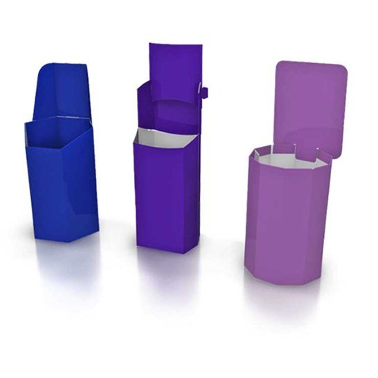 an image of three point of sale packaging stands coloured blue, purple and violet