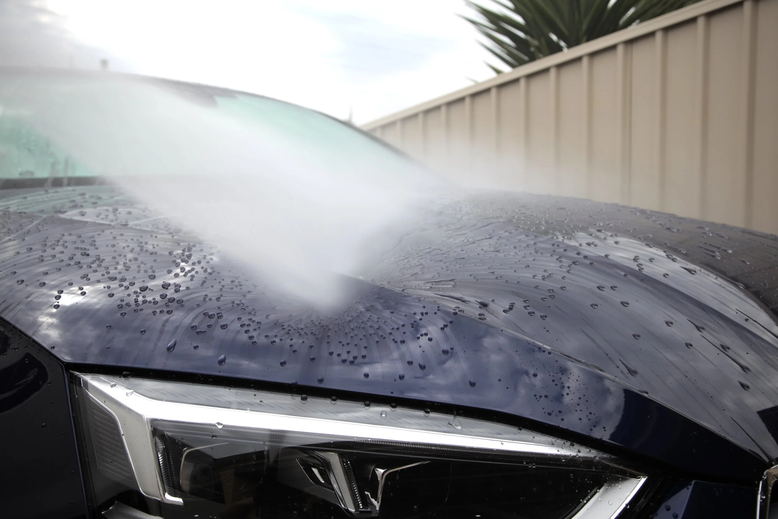 Close-up of a black car's hood being washed with a high-pressure water hose, water droplets visible on the surface, with a fence and palm tree in the background.
