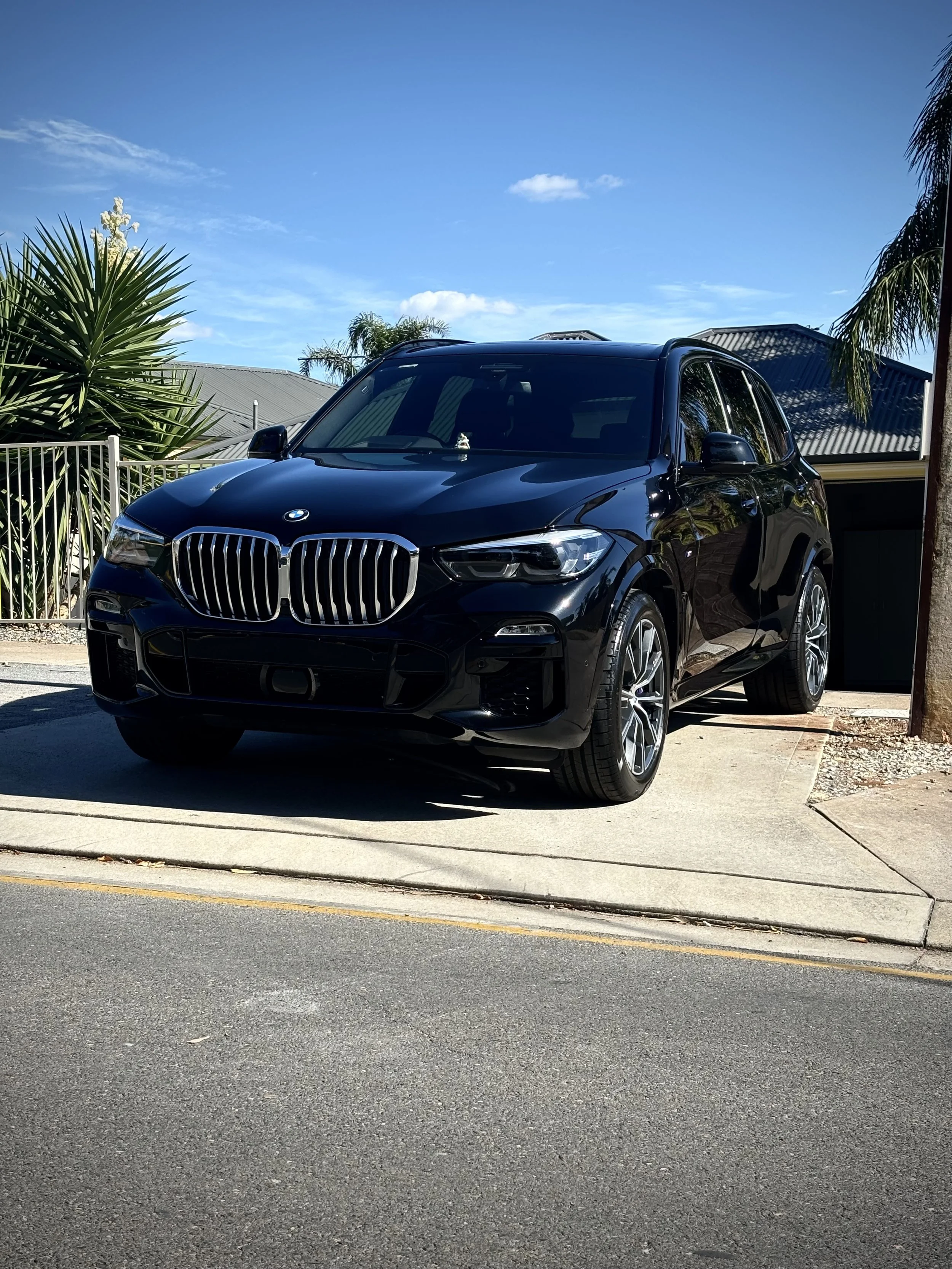 A black BMW SUV parked on the driveway in front of a house with some plants and a cloudy blue sky in the background.