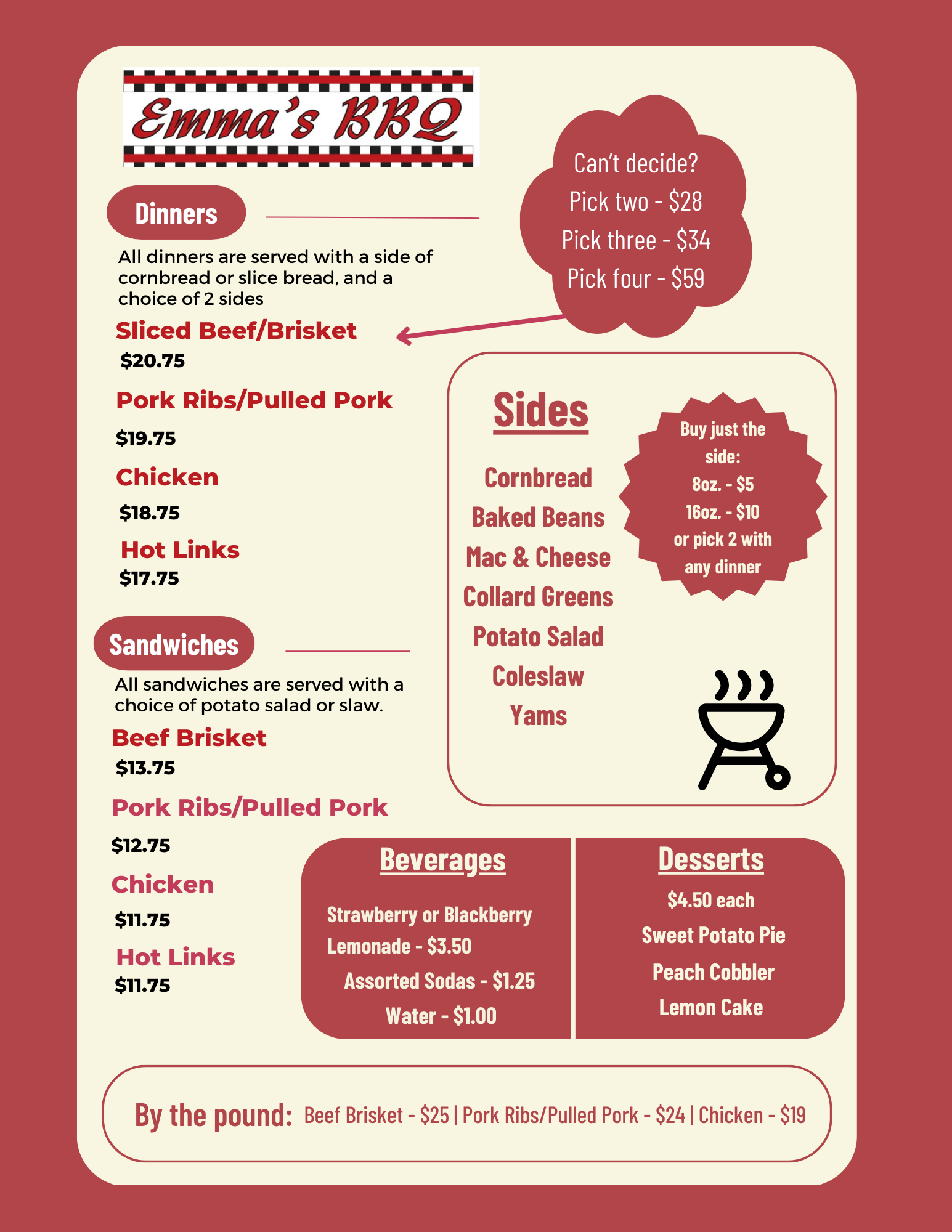 Menu | See our award winning menu — Emma's BBQ