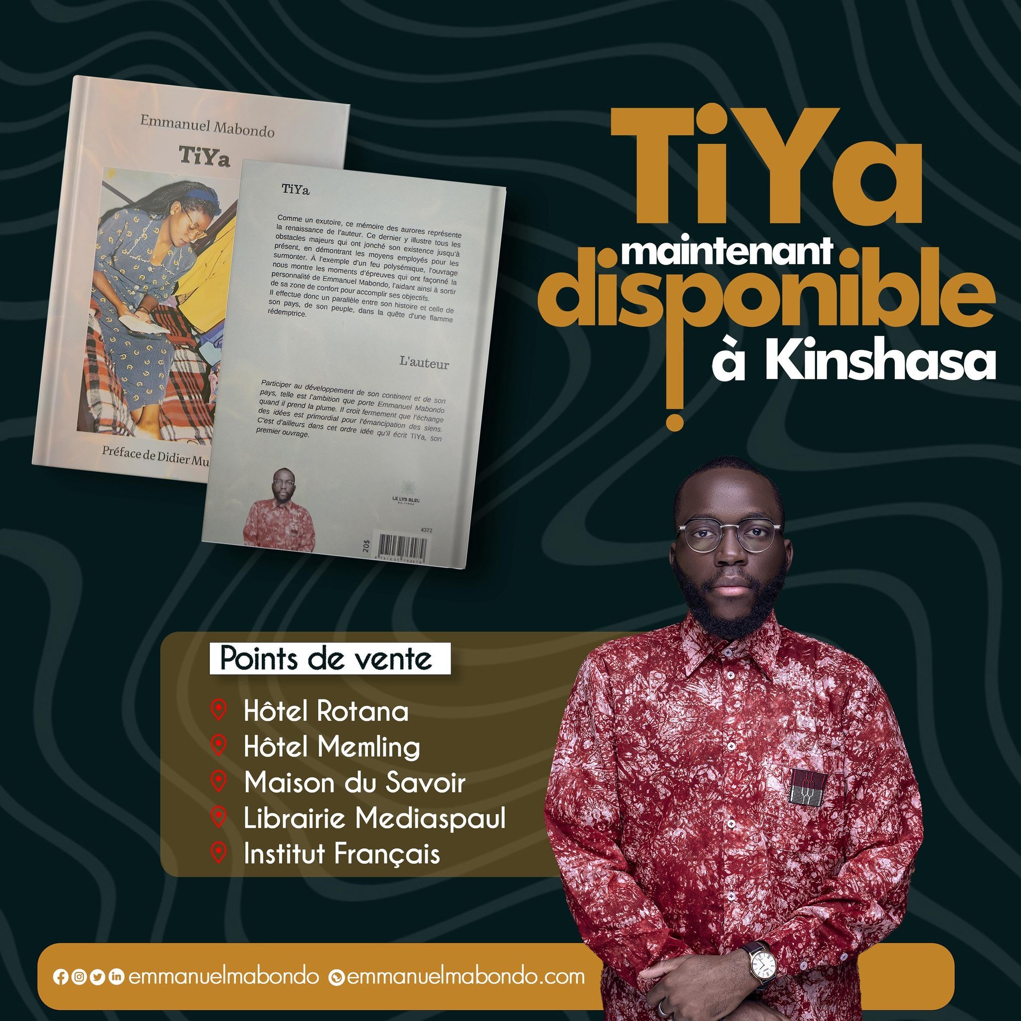 Grande nouvelle ! #TiYa est enfin disponible en vente &agrave; Kinshasa, et bient&ocirc;t dans plusieurs autres villes de notre beau pays ! Merci &agrave; tous pour votre soutien ! ❤️&zwj;🔥

#Litt&eacute;ratureAfricaine #TiYaAfricanTour