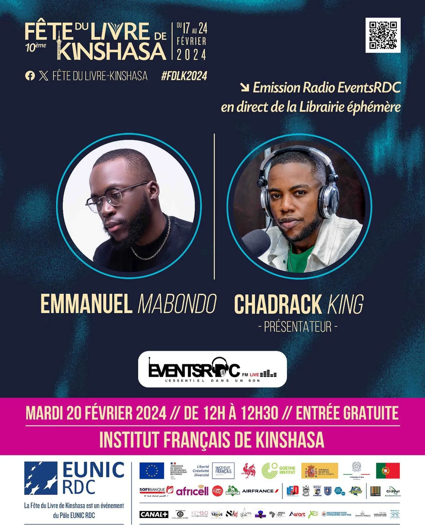 Rendez-vous &agrave; 12h sur Eventsrdc FM Live, en direct de l&rsquo;Institut Fran&ccedil;ais de Kinshasa pour une &eacute;mission radio 📻 

Lien en bio de @eventsrdc.com_officiel