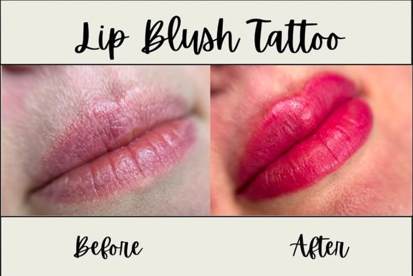 Comparison of lips before and after a lip blush tattoo, showing natural lips on the left and enhanced, pigmented lips on the right.
