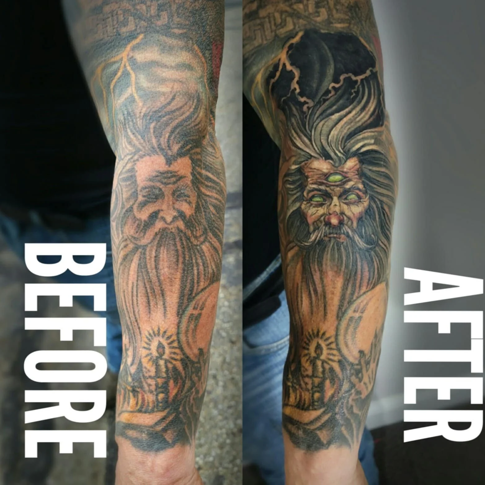 Tattoo of an old man's face with flowing hair and beard, with the left side labeled "BEFORE" and the right side labeled "AFTER."