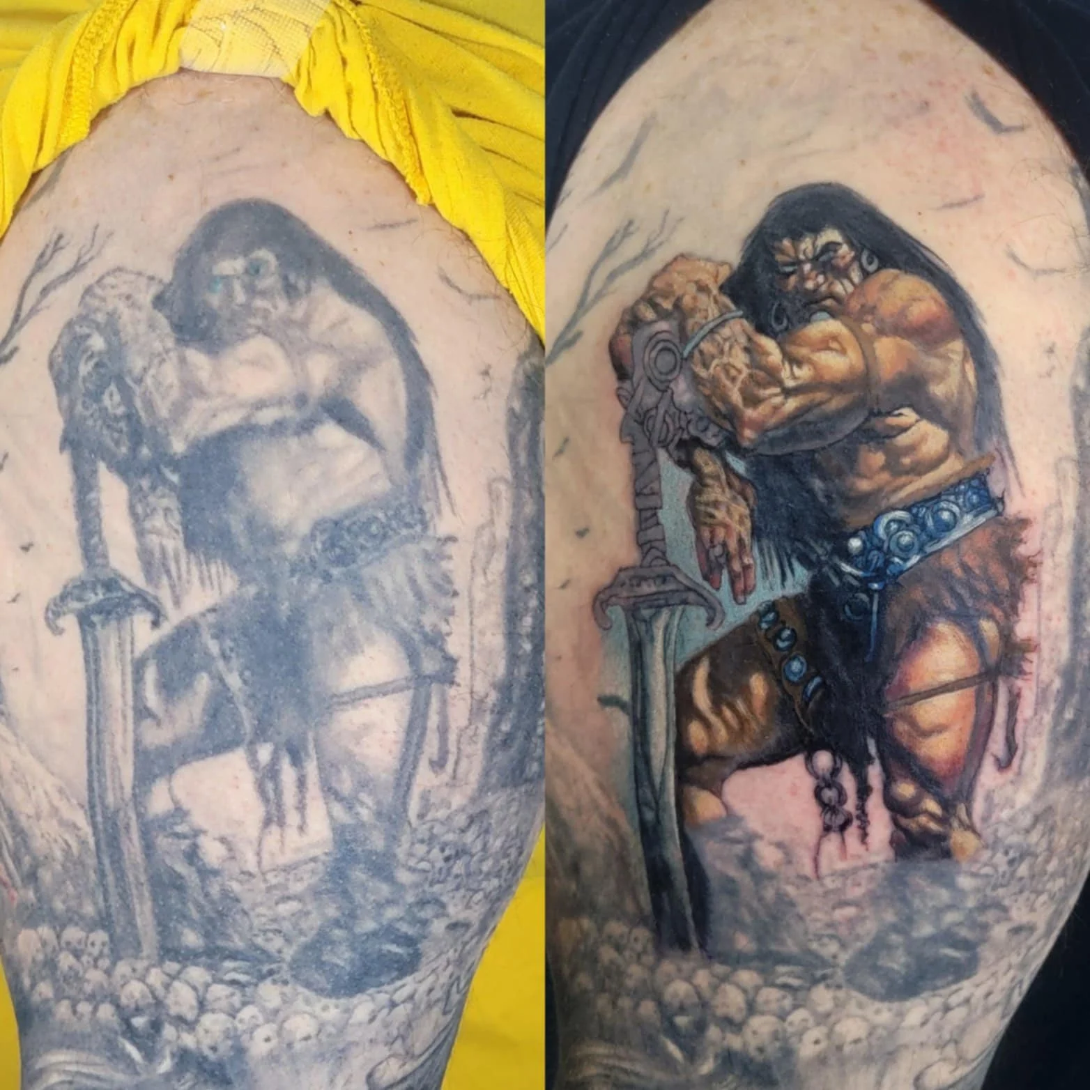 Comparison of a tattoo before and after coloring, depicting a fierce warrior woman with long dark hair, muscular build, holding a large sword, wearing a decorated belt and jewelry, surrounded by a desolate landscape with skulls and barren trees.