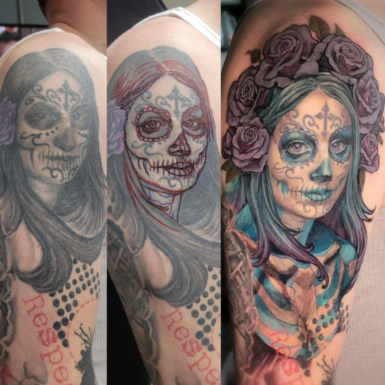 Progression of a colorful tattoo on a woman's arm depicting a woman with floral and ornamental face paint inspired by sugar skulls, with purple roses in her hair.