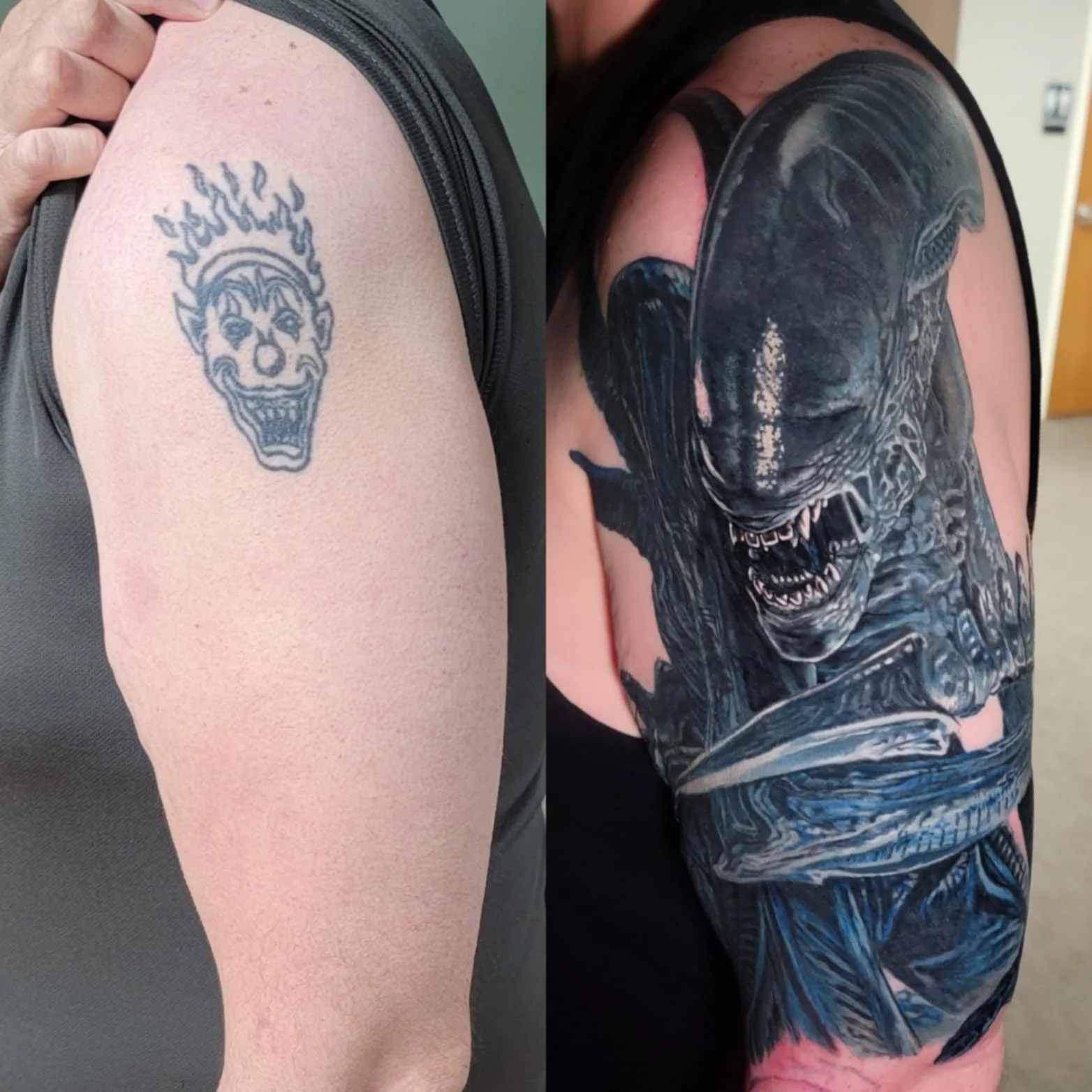Side-by-side images of tattoos on people's arms: the left shows a small black tattoo of a clown with a wide smile and spiky hair, the right features a large, detailed tattoo of a menacing alien creature with sharp teeth and an armored body.