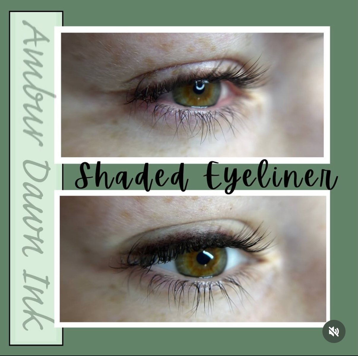 A promotional image showing a before and after comparison of an eye with shaded eyeliner, featuring close-up photos of a hazel eye. Text reads "Shaded Eyeliner" across the middle and "I Want a Dream Look" along the left side.
