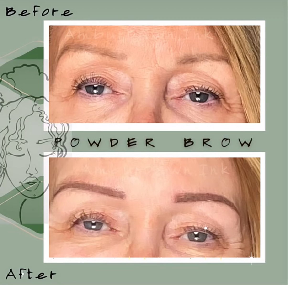 Comparison of eyebrows before and after using powder brow makeup, showing fuller, more defined eyebrows in the after image.
