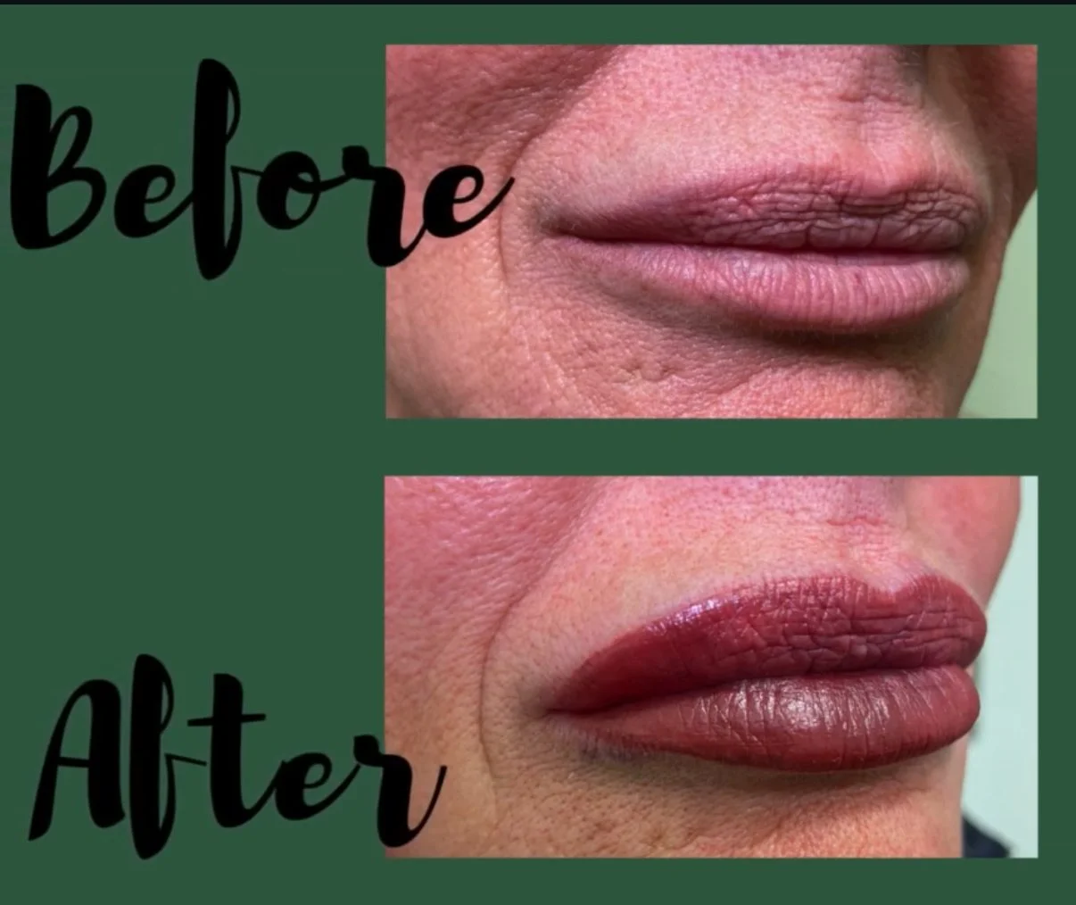 Close-up of lips before and after applying lipstick, with the top showing natural lips and the bottom showing lips with dark red lipstick.