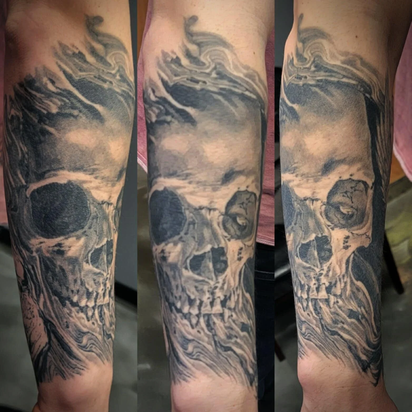 Tattoo of a skull with swirling abstract shapes on a person's arm, shown from three angles.