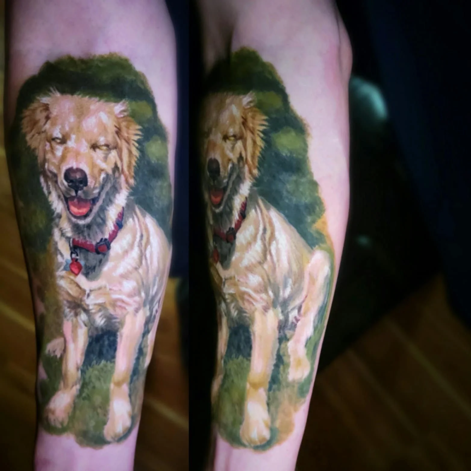 Tattoo of a happy golden retriever dog with a red collar on a person's forearm.