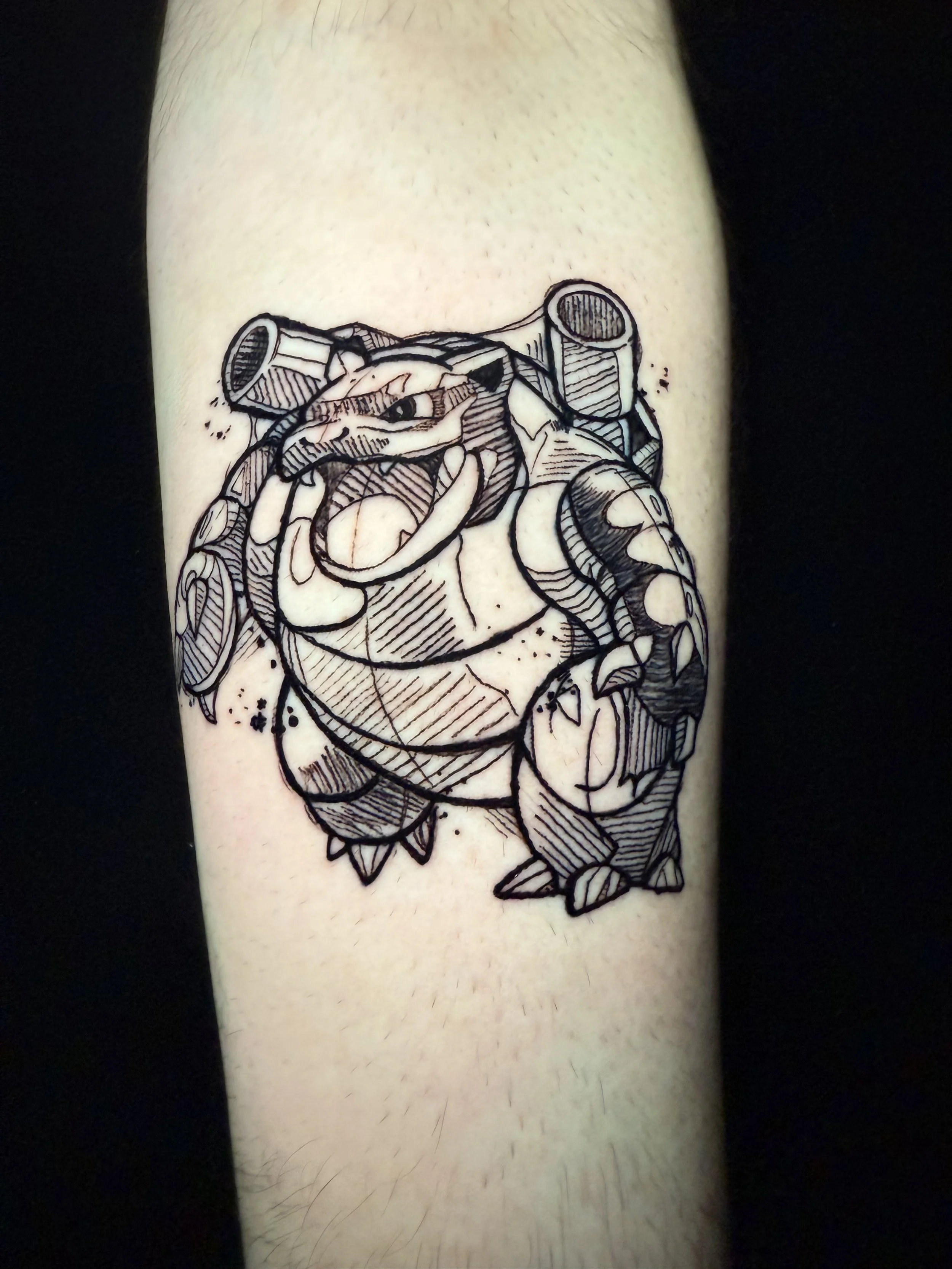 Line art tattoo of Bulbasaur, a Pokémon, with detailed shading and linework.
