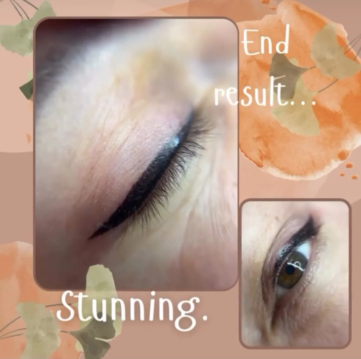 Close-up of a person's eye with makeup, showing long eyelashes and eyeliner, with the text "End result... Stunning" on a watercolor background.
