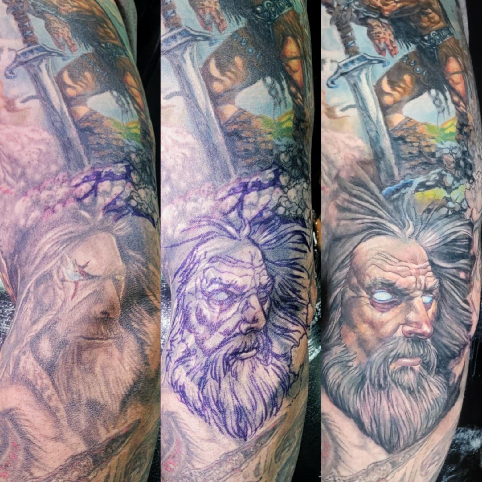 A tattoo sleeve with three stages of a detailed portrait of an elderly man with a long beard and wild hair, set against a background of a waterfall and mountain landscape.