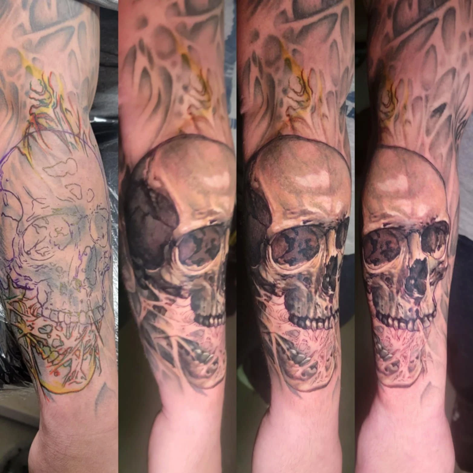 Progression of a realistic human skull tattoo on person's arm, showing initial outline to detailed shading and color.