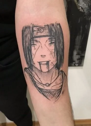 Tattoo of an anime character with long dark hair, headband with a symbol, smiling with closed eyes and tongue sticking out.
