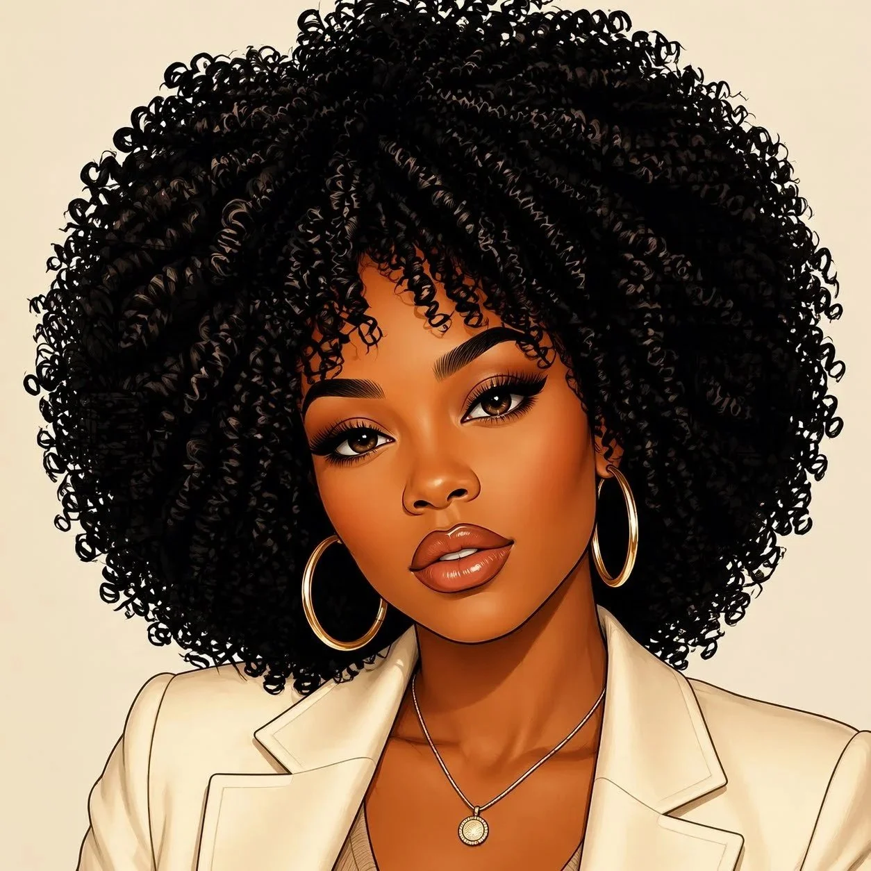 Melinated — illustrated Black woman with natural curls in cream blazer