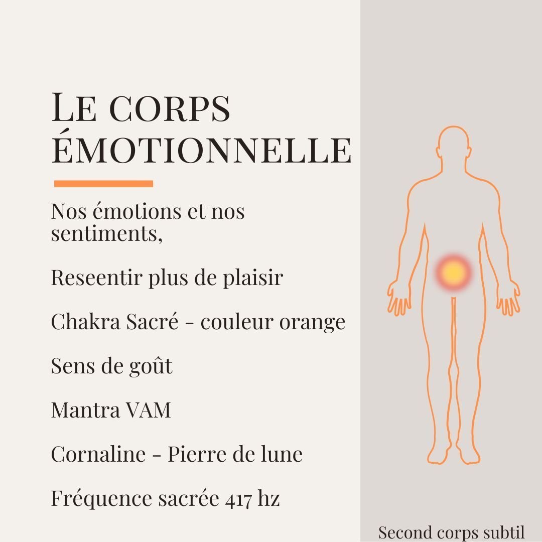 Le deuxi&egrave;me corps subtils:

✨ 🌿 Le corps &eacute;motionnel:
Il est une dimension invisible de notre &ecirc;tre qui g&egrave;re nos ressentis, nos &eacute;motions et les &eacute;nergies li&eacute;es &agrave; nos exp&eacute;riences. 
Contra