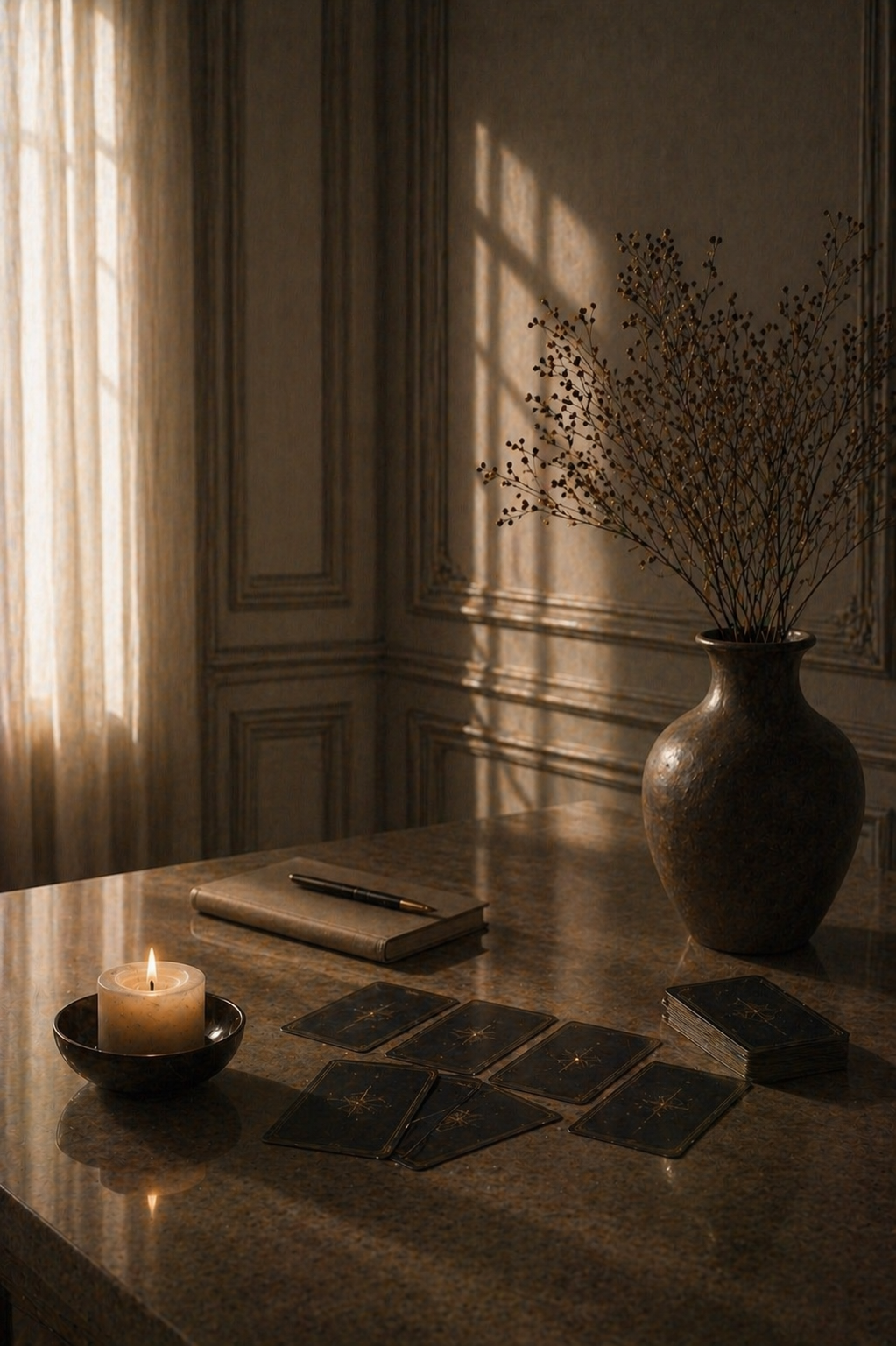 Une table en marbre avec un livre, un stylo, des cartes de tarot, une bougie allumée, un vase avec des branches sèches, dans une pièce avec des murs en bois et une lumière naturelle
