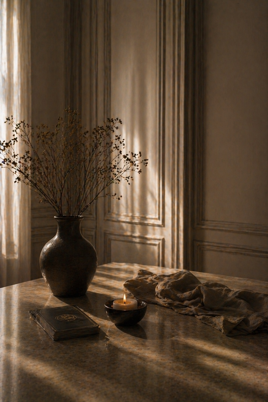 Une table en marbre avec un vase contenant des branches sans feuilles, une bougie allumée, un carnet et un tissu. En arrière-plan, des murs en bois avec des moulures et des rideaux en tissu léger laissant passer la lumière