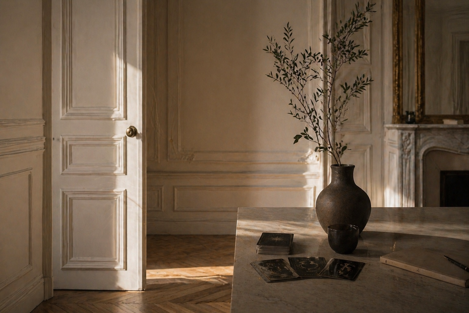 Une pièce décorée avec un vase en terre cuite noir contenant des branches avec des feuilles, sur une table en marbre. Sur la table, il y a aussi un lot de cartes de tarot, un carnet, et un stylo. La pièce a des murs ornés de moulures, une cheminée en marbre, et une porte entrouverte laissant entrer la lumière.