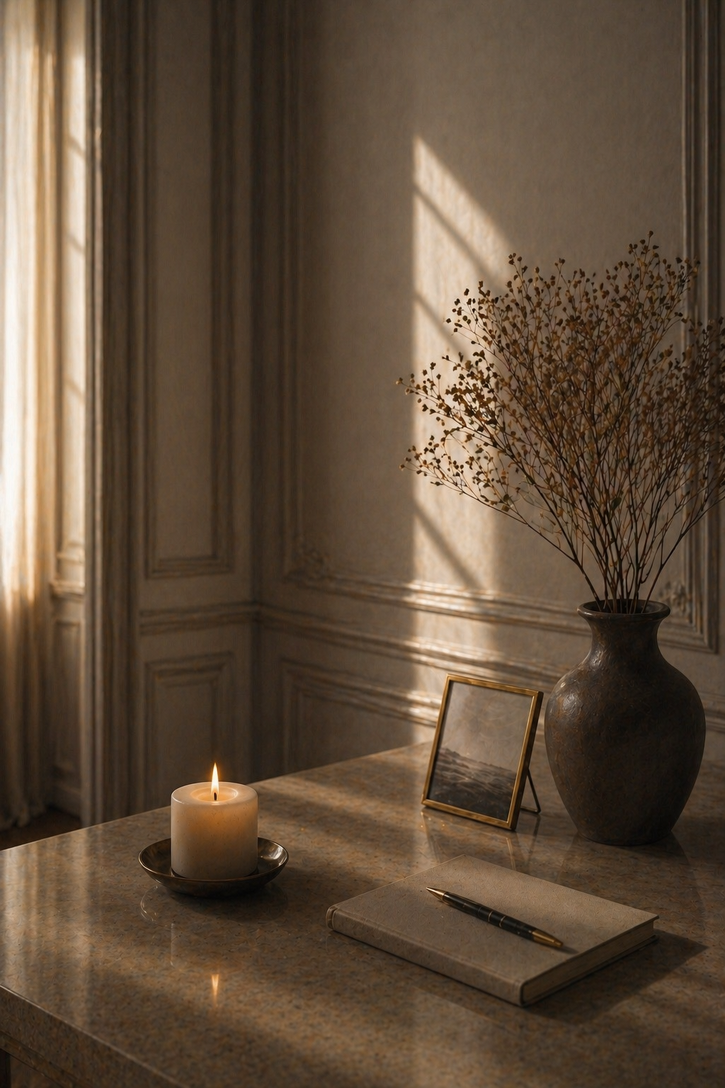 Une bougie allumée sur un plateau, un carnet avec un stylo, une grande vase avec des branches sèches et un miroir de table en or dans une pièce éclairée par la lumière naturelle