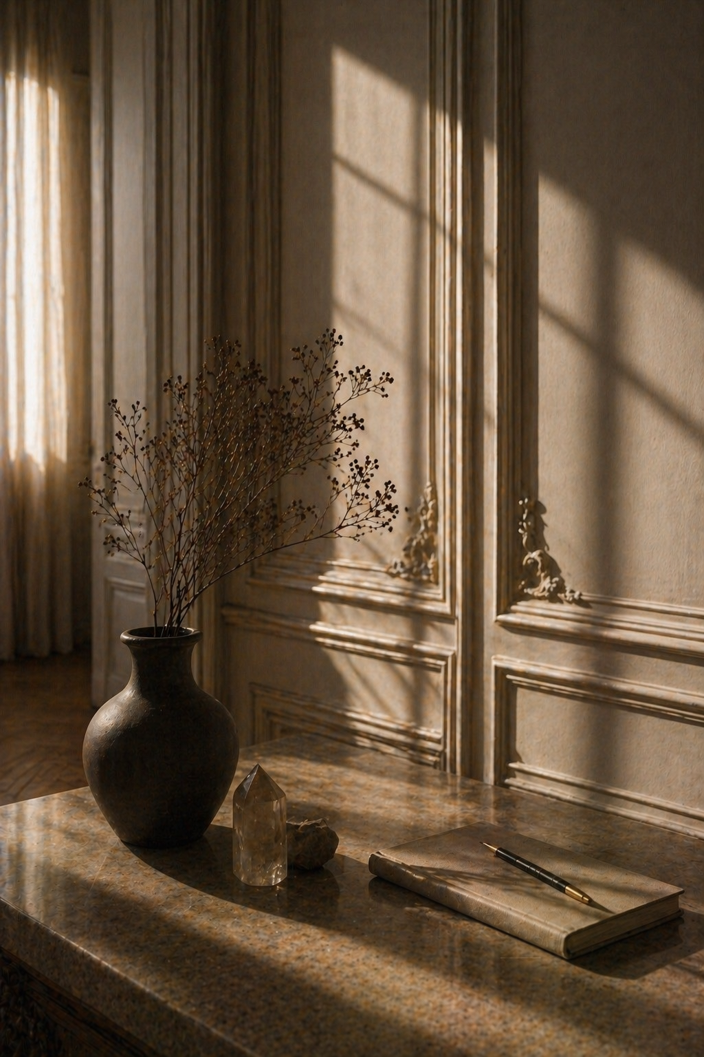 Vase avec des branches sèches, cristal et carnet avec stylo sur une table en marbre dans une pièce aux murs décorés en bois avec lumière naturelle