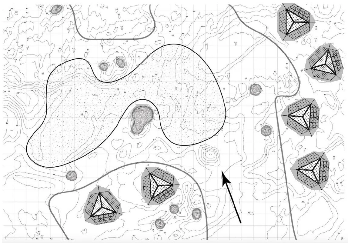 Black and white topographic map with contour lines, three large 3D geometric structures resembling pyramids with dotted patterns, a large irregularly shaped area, a smaller body of water, and a black arrow pointing toward one of the geometric structures.