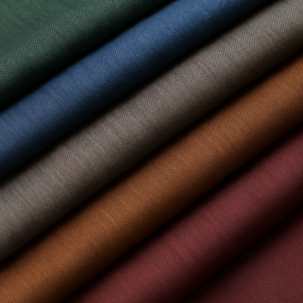 Close-up of fabric swatches in green, blue, gray, brown, rust, and maroon colors.