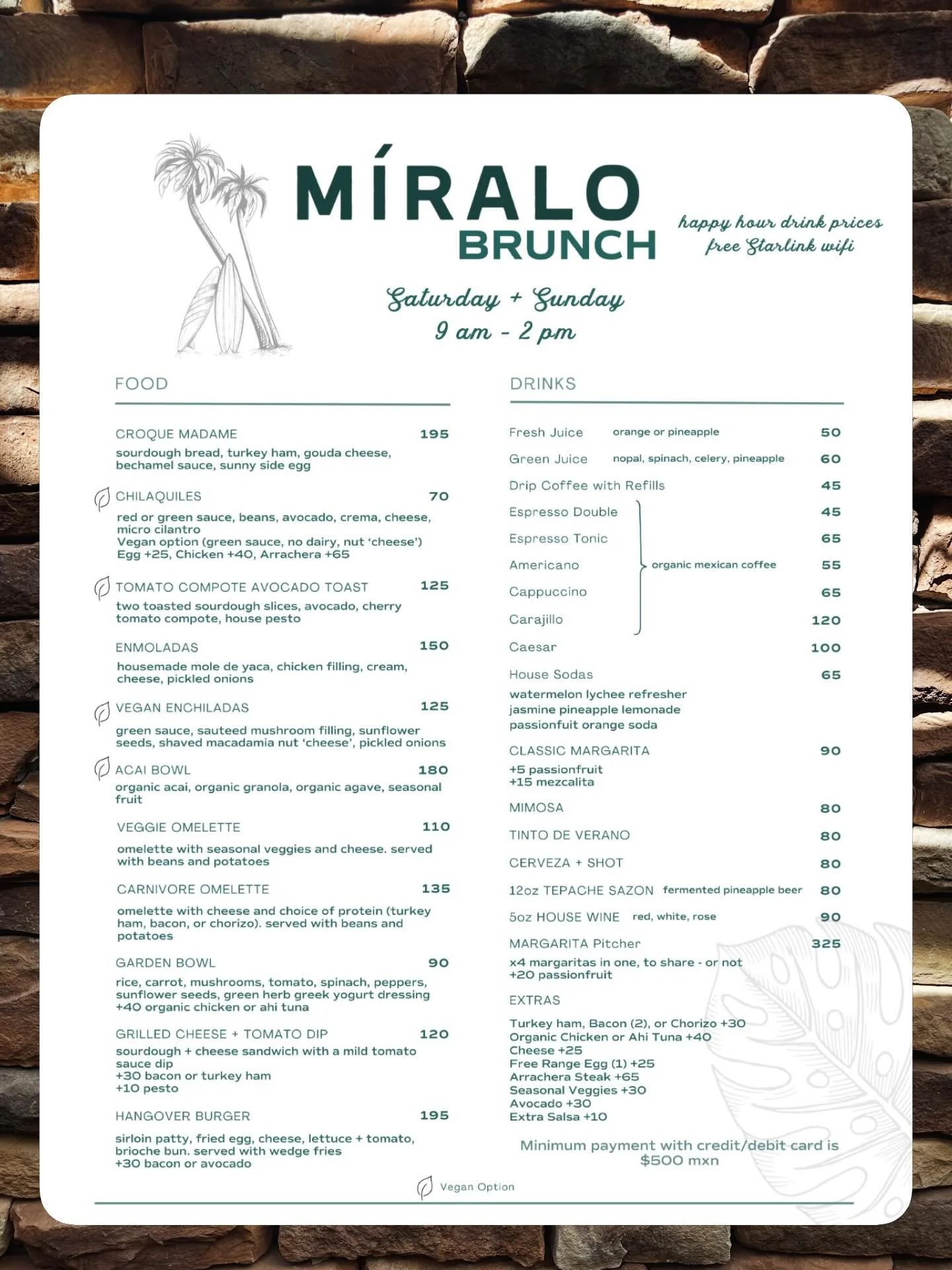 Brunch 2.0 ☕️🥚 bigger, cheaper, better. Happy hour drink prices all brunch, new healthy options, and reduced prices across the board. Saturday + Sunday 9am - 2pm, see you then! 🏝️