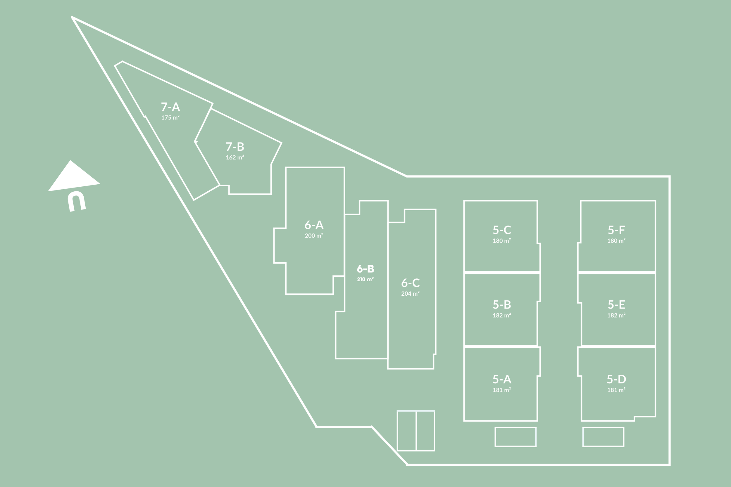 Floor plan of a building with various rooms labeled 7-A, 7-B, 6-A, 6-B, 6-C, 5-A, 5-B, 5-C, 5-D, 5-E, and 5-F, with their respective square meter areas. An arrow indicating North is on the left side.