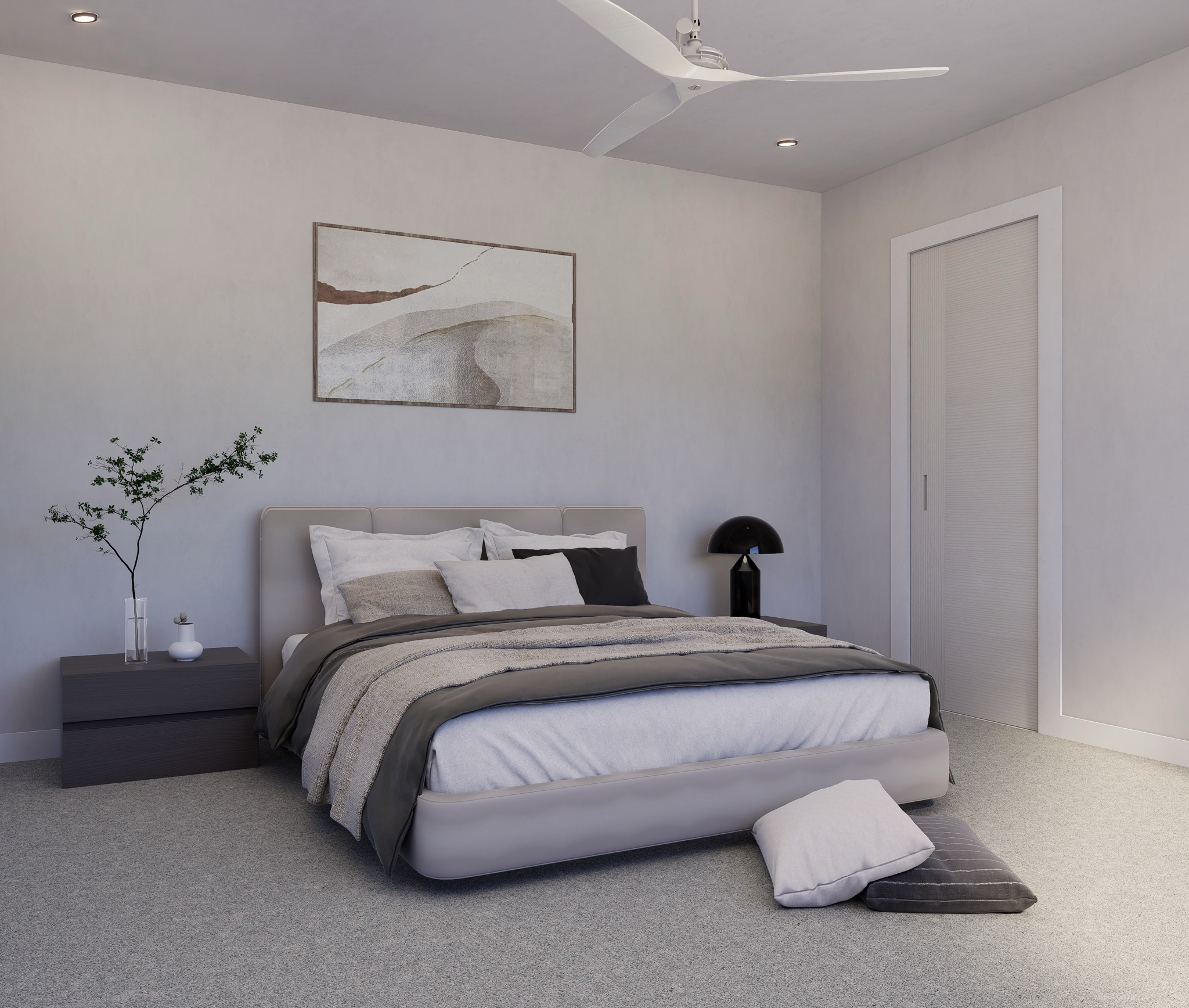 A modern bedroom with a bed, pillows, and a blanket in neutral tones. A nightstand with a plant and decorative items is beside the bed. There's a black lamp on another table, a large abstract painting above the bed, a chandelier, and a ceiling fan. The room has light-colored walls and carpet.