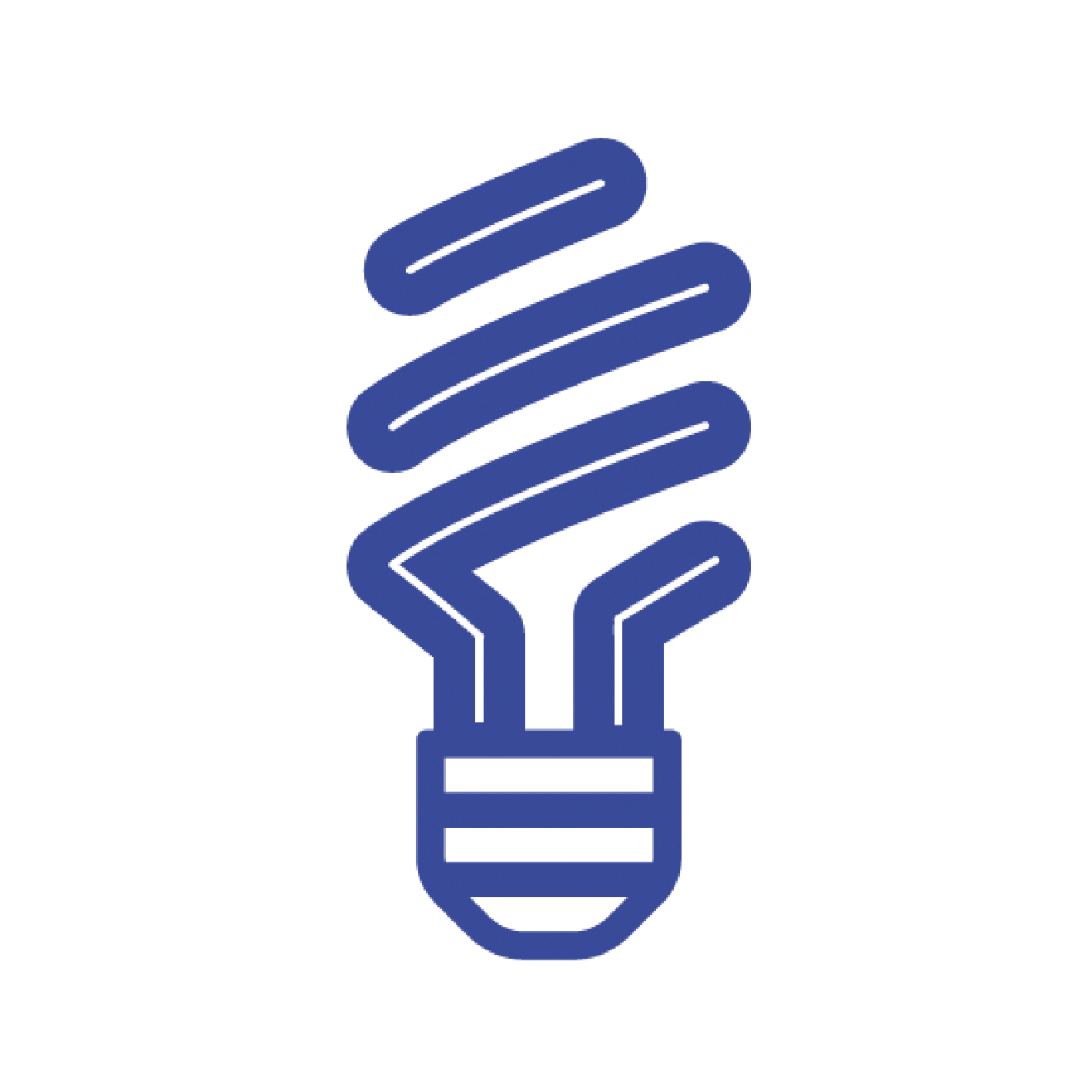 Stylized illustration of a compact fluorescent light bulb in blue outline.
