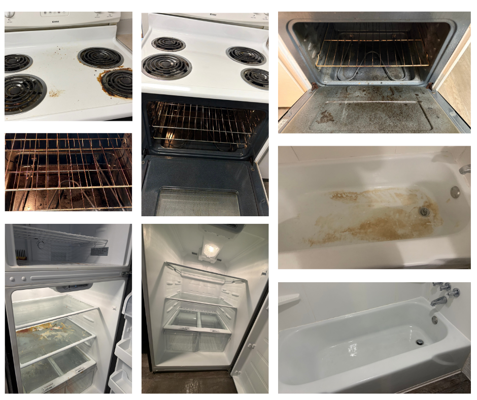 Comparison of dirty and clean appliances: stovetop, oven, microwave, bathtub, and refrigerator.